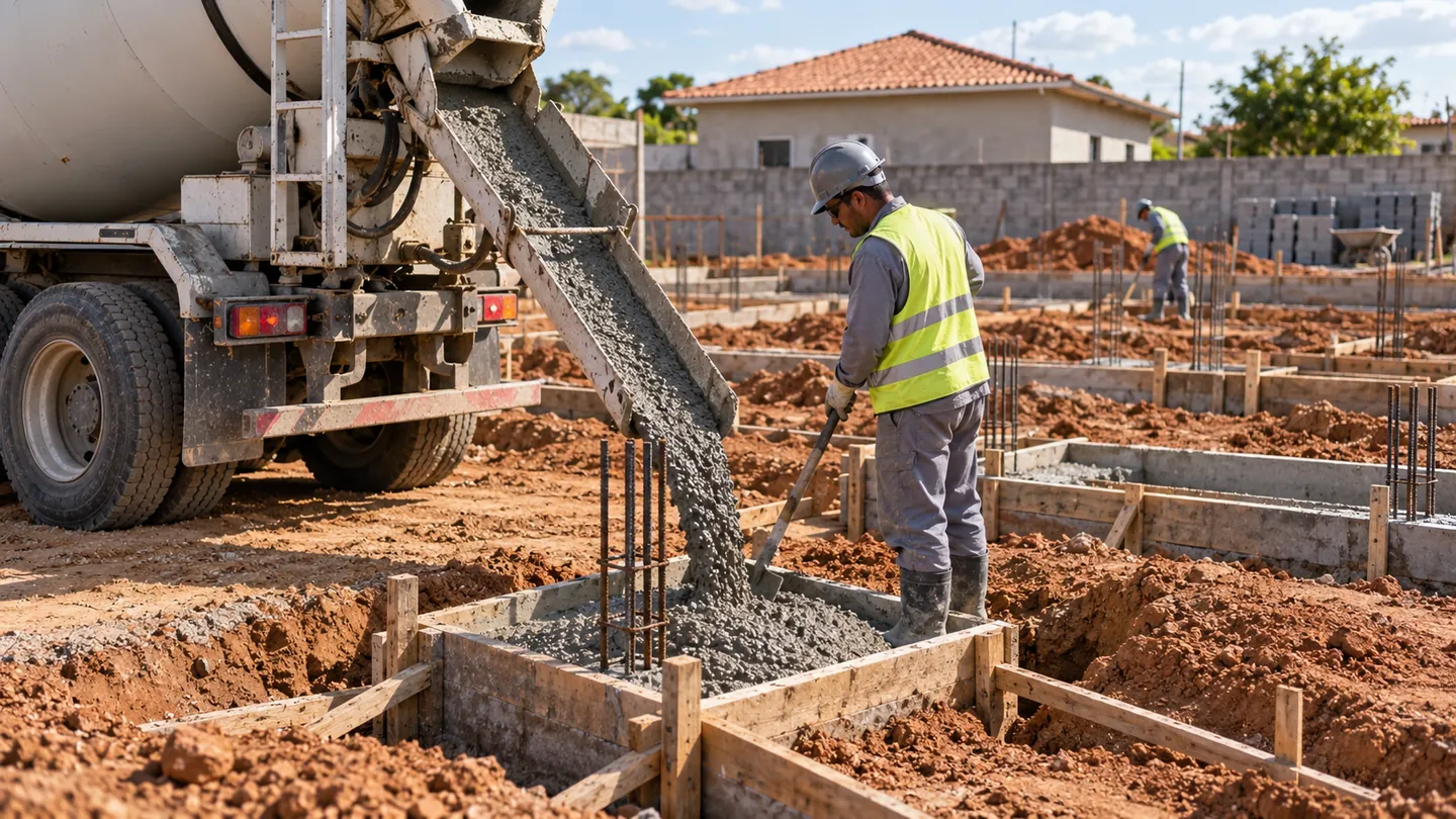 Betoneira despejando concreto nas valas de fundação armadas