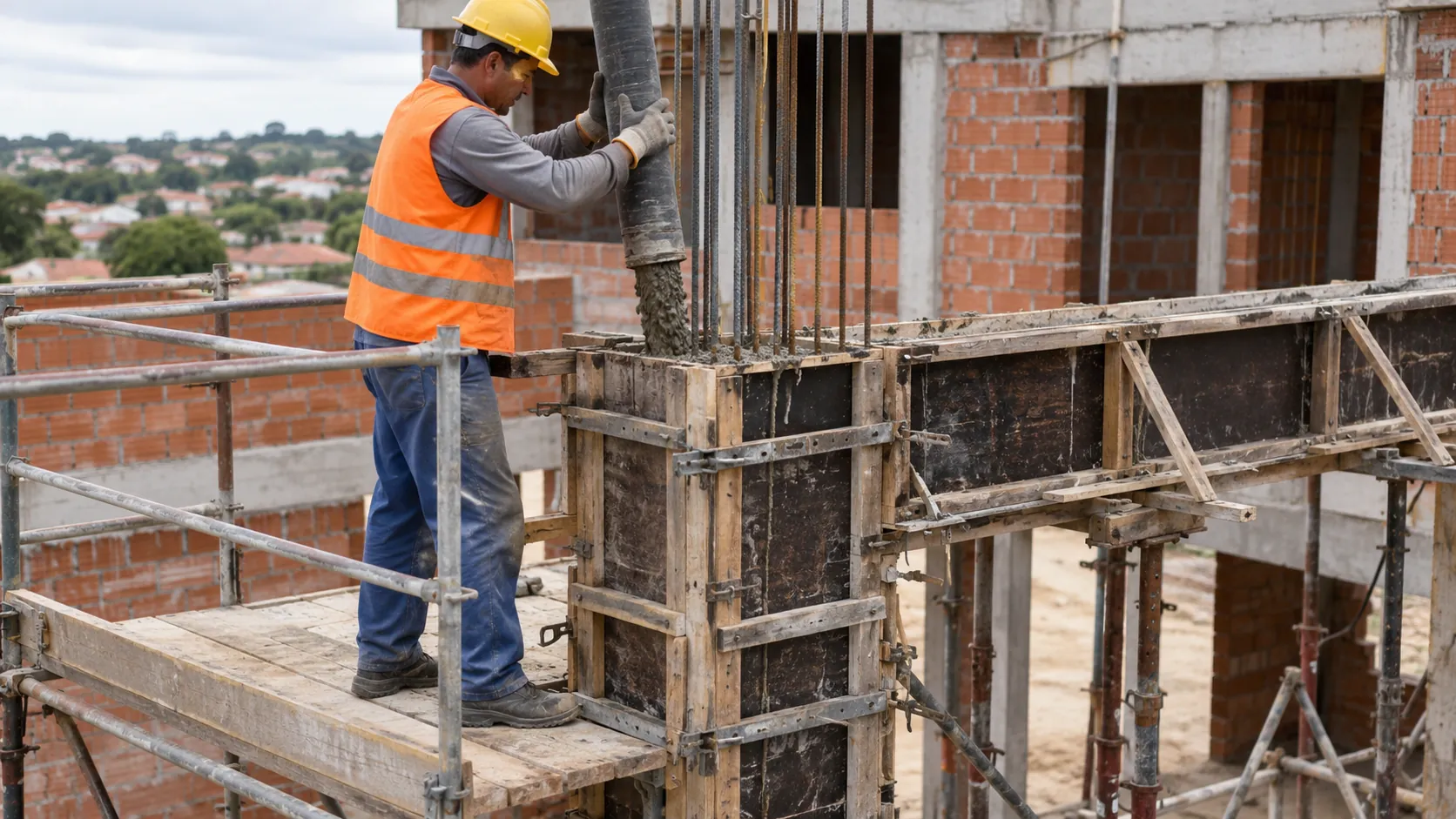 Operário sobre andaime concretando pilar com forma de madeira