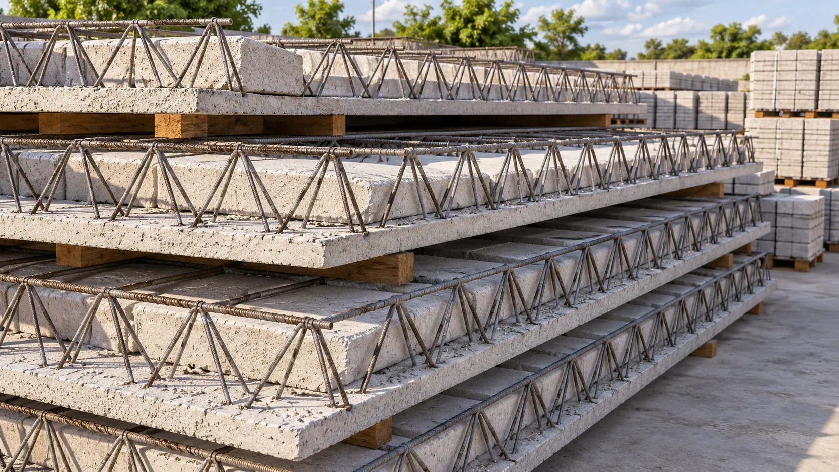 Placas de laje pré-fabricada com treliças de aço empilhadas no pátio